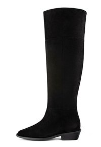 Cizme negre până la genunchi din suede moale, cu vârf rotunjit și un toc ușor. Designul este elegant, cu accente minime.