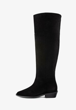 Sorte knæhøje støvler lavet af blødt ruskind, med en afrundet tå og en lille hæl. Designet er slankt med minimale detaljer.