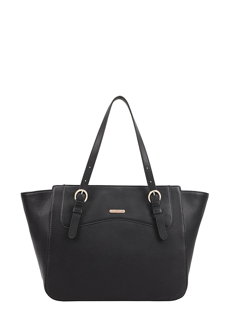 Sac fourre-tout en cuir noir avec une finition texturée, deux poignées supérieures et une quincaillerie dorée. Présente un accent courbé sur l'avant.