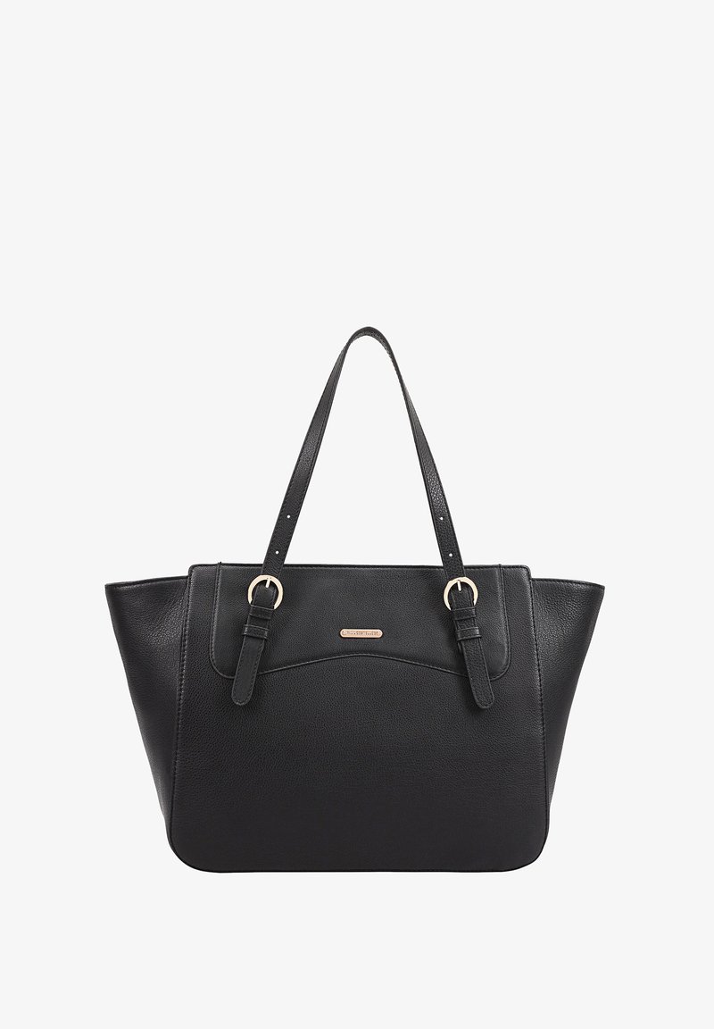 Sac fourre-tout en cuir noir avec une finition texturée, deux poignées supérieures et une quincaillerie dorée. Présente un accent courbé sur l'avant.