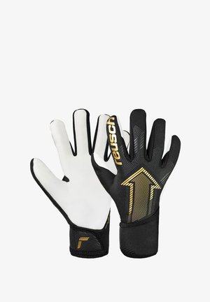 Doelmannenhandschoenen met witte latex palmen, zwarte getextureerde achterkant, met gouden branding en een ontwerp van een opwaartse pijl.