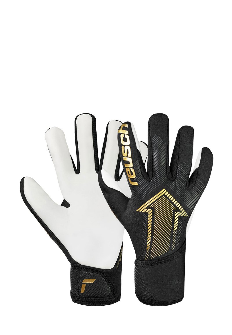 Goalkeeper gloves with white latex palms, black textured backhand, featuring gold branding and an upward arrow design.