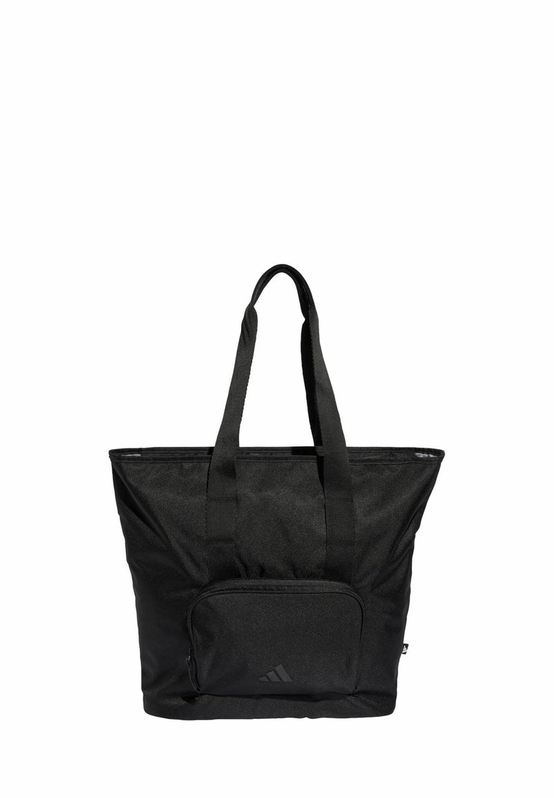 Black fabric tote bag with two handles, zippered top, and a front pocket featuring a subtle logo. Textured surface with a sleek design.