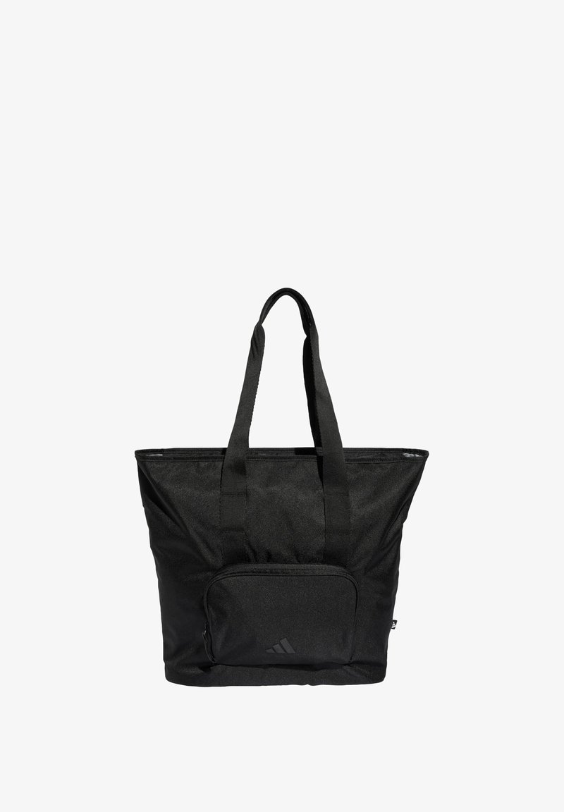Black fabric tote bag with two handles, zippered top, and a front pocket featuring a subtle logo. Textured surface with a sleek design.