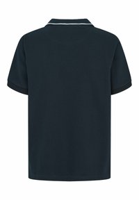 Navyblå polo skjorte med klassisk krave, korte ærmer og kontrasterende lyseblå detaljer på kraven. Glat bomuldsstof.