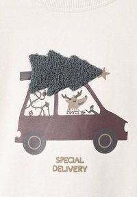 Felpa con un furgone rosso scuro con un albero di Natale grigio testurizzato sopra. Testo "CONSEGNA SPECIALE" sottostante. Tessuto di base bianco.