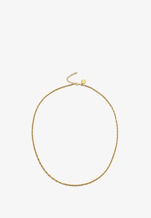 Gold-plated necklace with a twisted rope design, featuring a clasp and adjustable chain for length variation. Smooth, shiny texture.