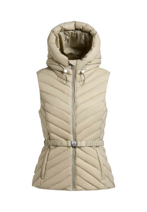 Beige quiltet, ærmeløs vest med høj krave, justerbar hætte, frontlynlås, sidelommer og et bælte i taljen med spænde.