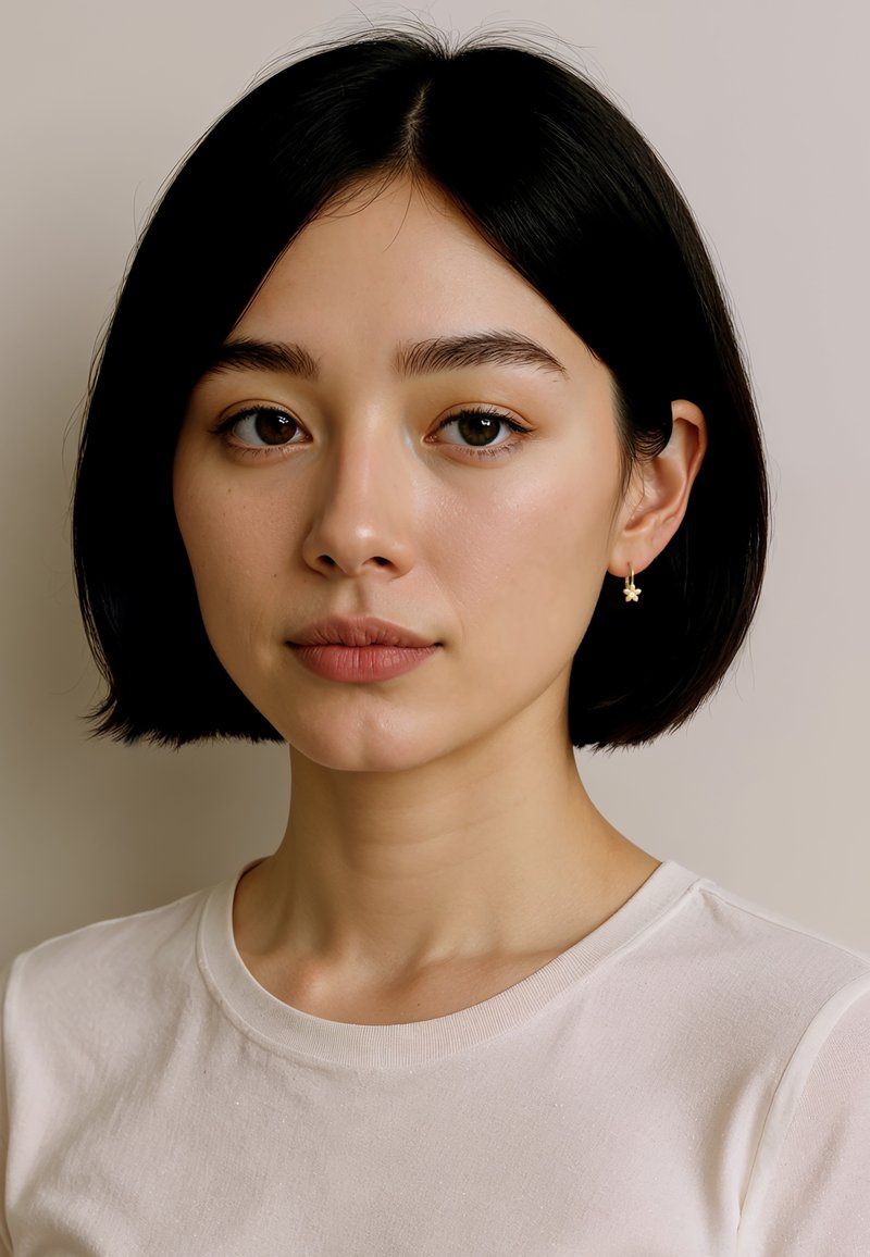 Kortärmad, ljusfärgad skjorta; kort svart hår; subtil sminkning; bär guldstjärneformade örhängen; neutral bakgrund.