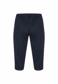 Pantaloni sportivi navy con vita elastica, taglio fino al ginocchio, texture liscia e senza pattern o dettagli hardware visibili.