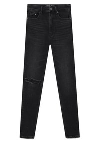 Jeans skinny de denim negro con cintura alta, que presentan un desgastado en el muslo izquierdo y un estilo clásico de cinco bolsillos.