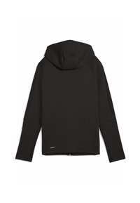 Sudadera negra con una textura suave, que presenta una capucha ajustada, mangas largas y un dobladillo recto. Incluye un cierre con cremallera en la parte inferior.