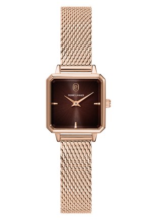 Rožių aukso spalvos tinklelio dirželis, laikrodis su kvadratine rudą ciferblatą ir minimalistiniais aukso spalvos valandų žymekliais bei rodyklėmis, prekės ženklas Pierre Lannier.