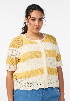 Giovane donna con capelli scuri che indossa un cardigan lavorato a maglia a righe gialle e bianche con bottoni sopra una maglietta bianca e pantaloni blu.