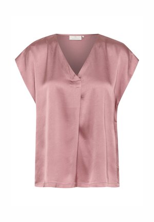 Pink satin blouse with a V-neckline and short batwing sleeves. Smooth texture and minimalist design with a relaxed fit.