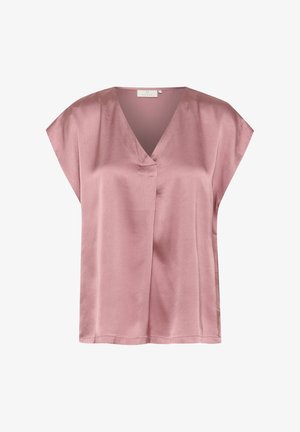 Paarse satijnen blouse met een V-hals en korte vleermuismouwen. Gladde textuur en minimalistisch ontwerp met een losse pasvorm.