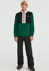 Maglione in pile verde e nero con zip a un quarto, colletto crema, abbinato a pantaloni neri e scarpe scure. Berretto di maglia beige sulla testa.