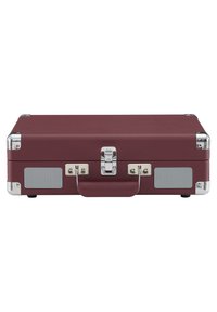 Maroon briefcase with textured exterior, chrome accents, a central latch, side handles, and mesh ventilation panels. Compact rectangular shape.