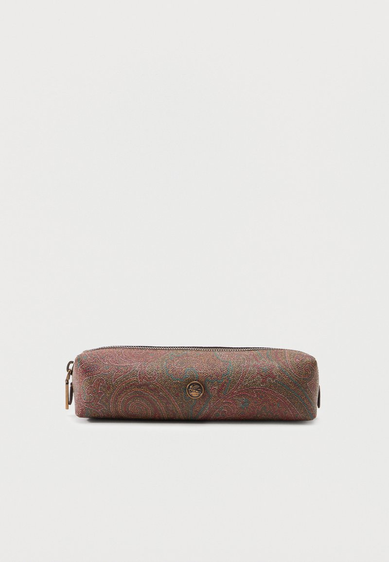 Rectangular pencil case with multicolored paisley pattern, top zipper, and small round bronze emblem in the center.
