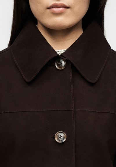 Γυναίκα που φοράει ένα καφέ σκούρο σουέντ παλτό με μεγάλο γιακά και δύο ορατά κουμπιά, με τα χείλη και το πιγούνι μερικώς ορατά.