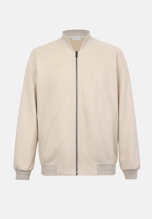 Μπεζ μπουφάν τύπου μπόμπερ με φερμουάρ μπροστά, ριμπ γιακά, μανσέτες και μέση, με πλαϊνές τσέπες και λεία υφή.