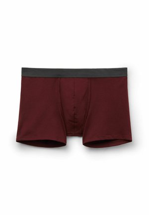 Burgunderfarbene Boxershorts aus einer weichen Baumwollmischung, mit einem dunkelgrauen elastischen Bund und einem vorderen Beutel für Unterstützung.