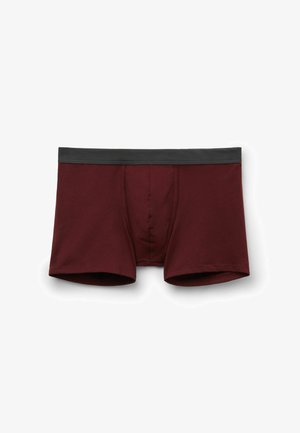 Bordeaux boxer shorts gemaakt van een zachte katoenmix, met een donkergrijze elastische tailleband en een voorzak voor extra ondersteuning.