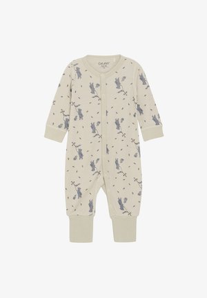 Jumpsuit dla niemowląt w kolorze kremowym z wzorem przedstawiającym królika i gałęzie w odcieniach szarości. Długie rękawy i ściągacze nogawek z zatrzaskami z przodu.