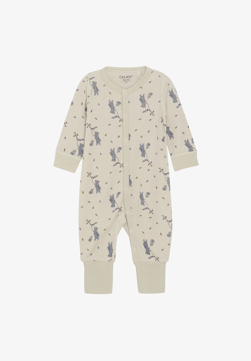 Jumpsuit dla niemowląt w kolorze kremowym z wzorem przedstawiającym królika i gałęzie w odcieniach szarości. Długie rękawy i ściągacze nogawek z zatrzaskami z przodu.