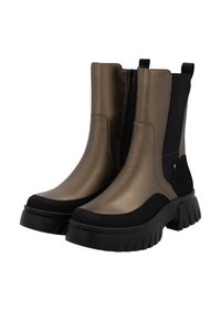 Bottines métalliques dorées et noires avec un extérieur texturé, fermeture éclair sur le côté et semelle en caoutchouc contrastante, présentant un design nervuré.