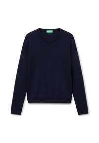 Granatowy sweter z długim rękawem, okrągłym dekoltem i ściągaczem na dole. Wykonany z miękkiego materiału o gładkiej strukturze. Zielona etykieta marki wewnątrz.