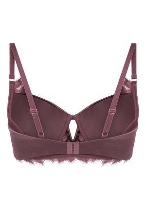 Achteraanzicht van een diep mauve beha met verstelbare bandjes, kanten rand langs de onderkant en haak-en-oogsluiting in het midden.