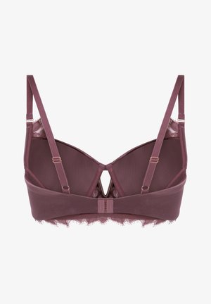 Achteraanzicht van een diep mauve beha met verstelbare bandjes, kanten rand langs de onderkant en haak-en-oogsluiting in het midden.