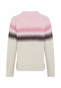 Leichter Strickpullover mit einem Zickzackmuster in Rosa, Weiß und Dunkelbraun. Weiche Textur mit Rundhalsausschnitt und seitlichen Schlitzen am Saum.