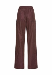 Wide-leg pants in a deep burgundy color, featuring a waistband with elastic, two rear pockets, and a smooth fabric texture.