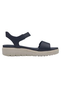 Sandali in pelle blu navy con suola spessa beige, dotati di cinturini testurizzati e un retro che offre supporto. Design open-toe con cinturini regolabili.