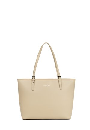 Sac fourre-tout en cuir beige avec deux bandoulières et un logo discret "Lancaster Paris" au centre à l'avant.