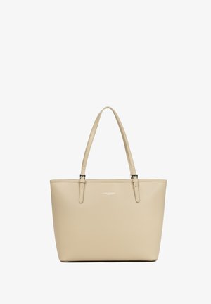 Sac fourre-tout en cuir beige avec deux bandoulières et un logo discret "Lancaster Paris" au centre à l'avant.