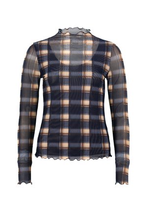Maglietta a maniche lunghe, traslucida, in plaid blu navy e beige, con scollatura e orlo ondulati, realizzata in materiale leggero.
