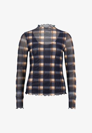 Long-sleeve, sheer top in navy blue and beige plaid, featuring a scalloped neckline and hemline, made from lightweight material.