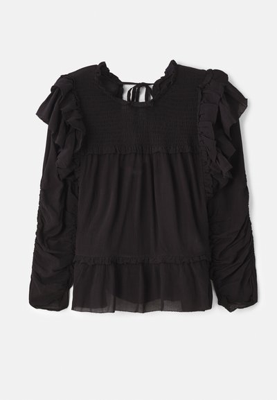 Black blouse featuring ruffled accents, smocked texture at the bodice, long sleeves, and a tiered hem with sheer fabric detail.