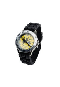 Montre en caoutchouc noir avec cadran jaune, présentant un logo noir, une lunette argentée avec des graduations pour les minutes, et un bracelet texturé.