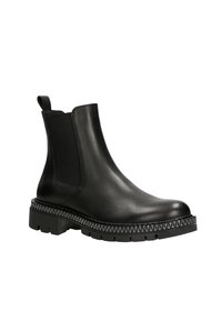 Černá kožená kotníková bota s elastickými bočními panely, zaoblenou špičkou a silnou podrážkou s dekorativním šitím.