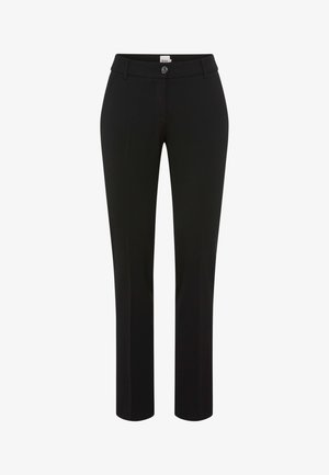 Zwarte broek met een rechte pijpdesign, gemaakt van een gladde stof. Voorzien van een knopsluiting aan de voorkant en zakken op de heupen.