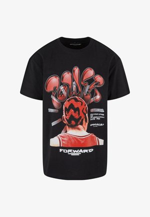 Schwarzes Baumwoll-T-Shirt mit buntem Grafikdesign eines Kopfes, ergänzt durch stilisierte rote Grafiken und dem Text "POWER" und "FORWARD" in kontrastierendem Weiß.