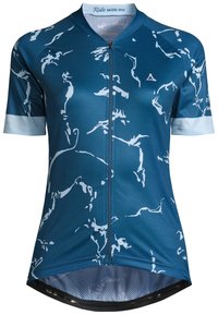 Jersey de ciclismo de manga corta en color teal con patrones abstractos en blanco, cremallera frontal y acentos de malla en el cuello y el dobladillo para ventilación.