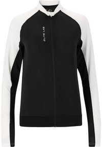 Schwarz-weißes Zip-up-Jacket mit langen Ärmeln, hohem Kragen und strukturiertem Stoff. Logo auf der Brustfläche.