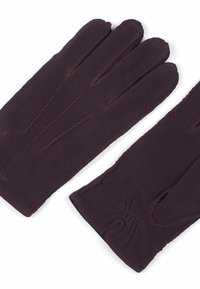 Mörklila läderhandskar med en slät yta, tre förlängda fingersömmar och en rynkad detalj vid handleden.