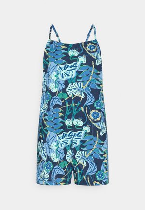 Μπλε ολόσωμο σορτς με λεπτές τιράντες, ζωηρά πράσινα και ανοιχτό μπλε σχέδια, και άνετη εφαρμογή. Κατασκευασμένο από ελαφρύ ύφασμα.