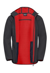 Schwarze Jacke mit rotem Fleece-Futter, teilweise geöffnetem Frontreißverschluss, langen Ärmeln und zwei seitlichen Reißverschlusstaschen.